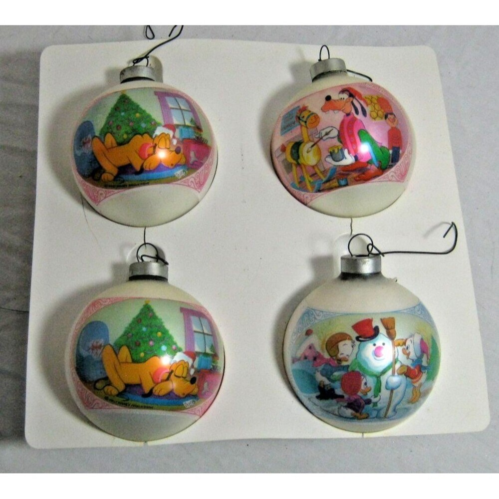 Vtg Walt Disney Productions Glass Ball Ornaments Set/4 H